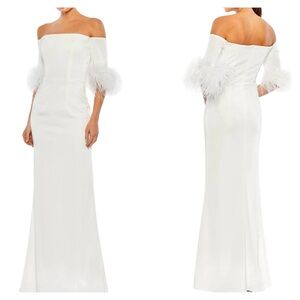 Mac Duggal 11441 White Off Shoulder Feather Sleeve Bridal Gown NWT